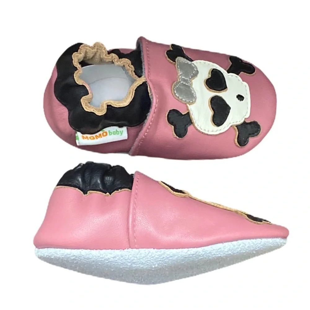 Momo Soft Sole Leather Baby Shoes Pink Skull Bow Size 12 to 18 months
